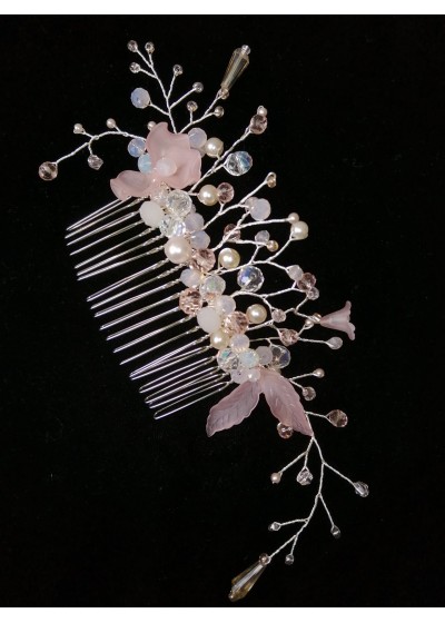 Абитуриентска украса за коса - гребен с кристали Сваровски в розово и бяло модел Rose Magic Garden by Rosie